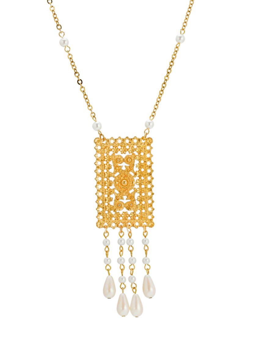 Gold Tone Pearl Drop Rectangle Necklace 