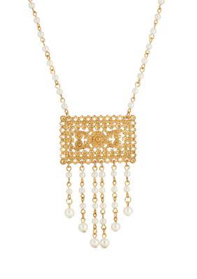 Gold Tone Pearl Drop Rectangle Necklace