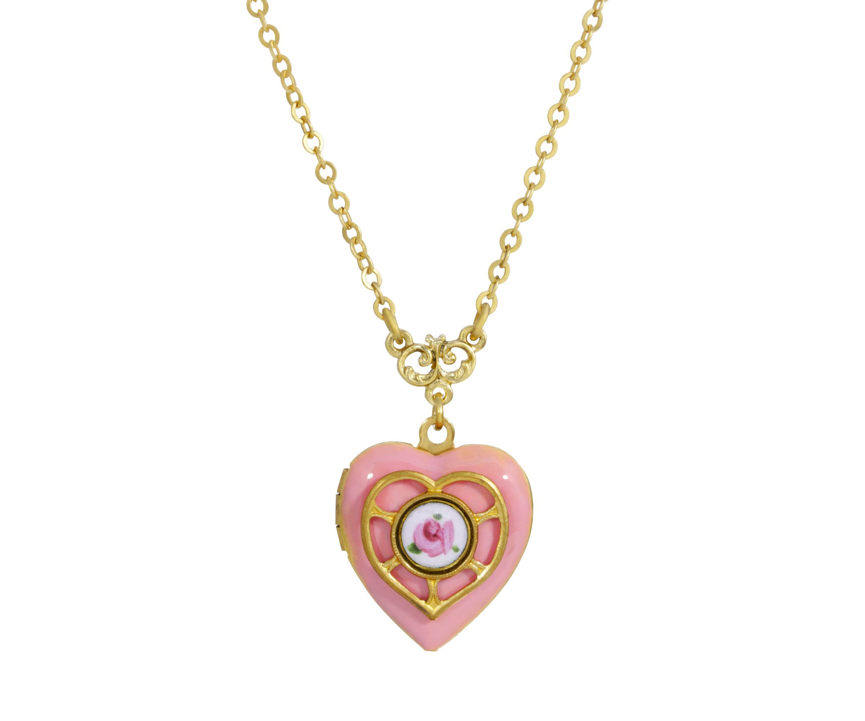 Gold Tone Pink Heart Locket Necklace - 16" Adj.