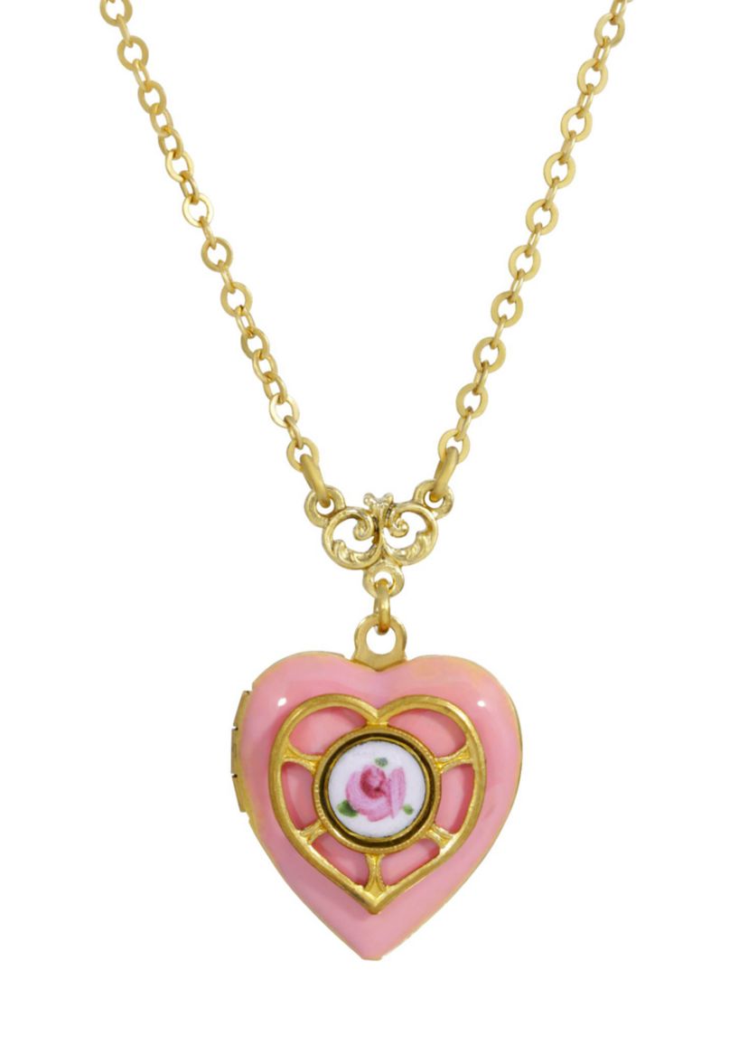 Gold Tone Pink Heart Locket Necklace - 16" Adj.