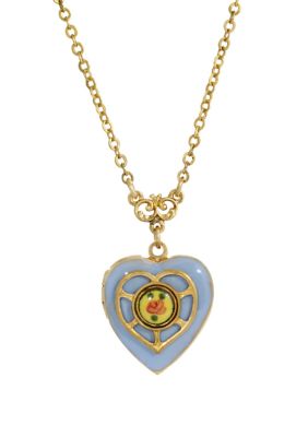 Gold Tone Light Blue Heart Locket Necklace - 16" Adj.