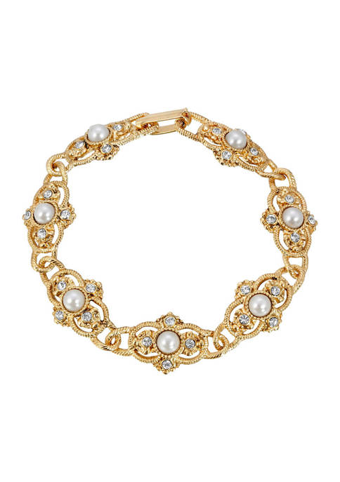 1928 Jewelry Gold Tone Pearl Link Bracelet