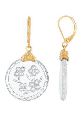 Gold Tone Round German Glass Etched Flowers Earrings