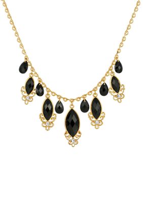 Gold Tone Black Crystal Teardrop 16 Inch Adjustable Necklace