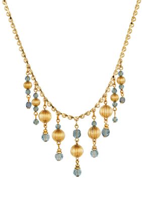 Gold Tone Blue Multi Bead Drop Necklace