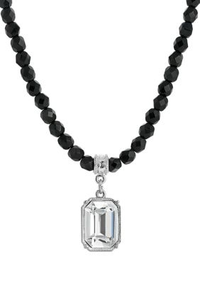 Silver Tone Black Beaded Necklace with Crystal Pendant 15" Adj.