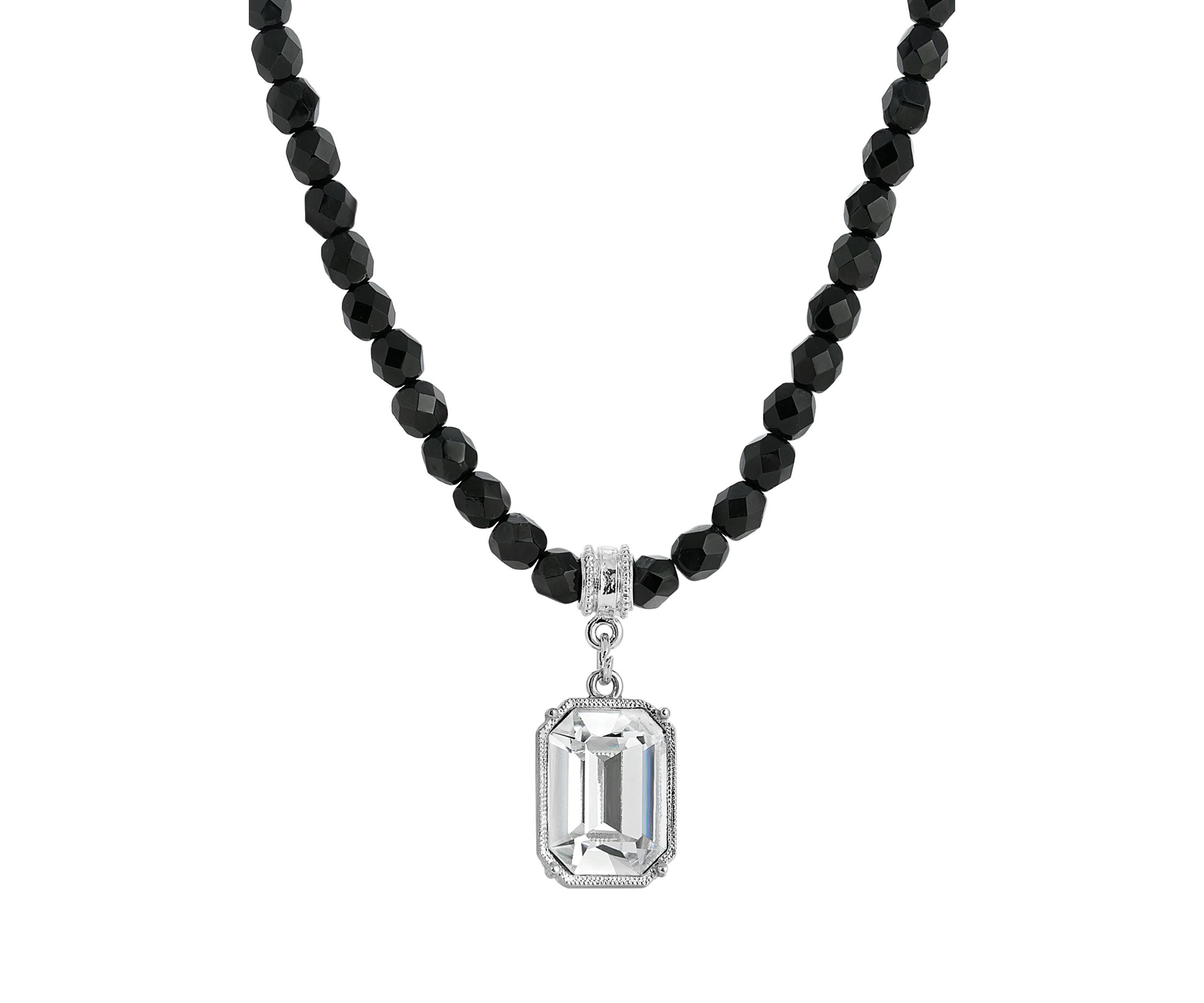 Silver Tone Black Beaded Necklace with Crystal Pendant 15" Adj.