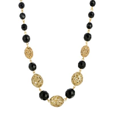 Gold Tone Filigree Bead and Black Beaded Necklace 16"