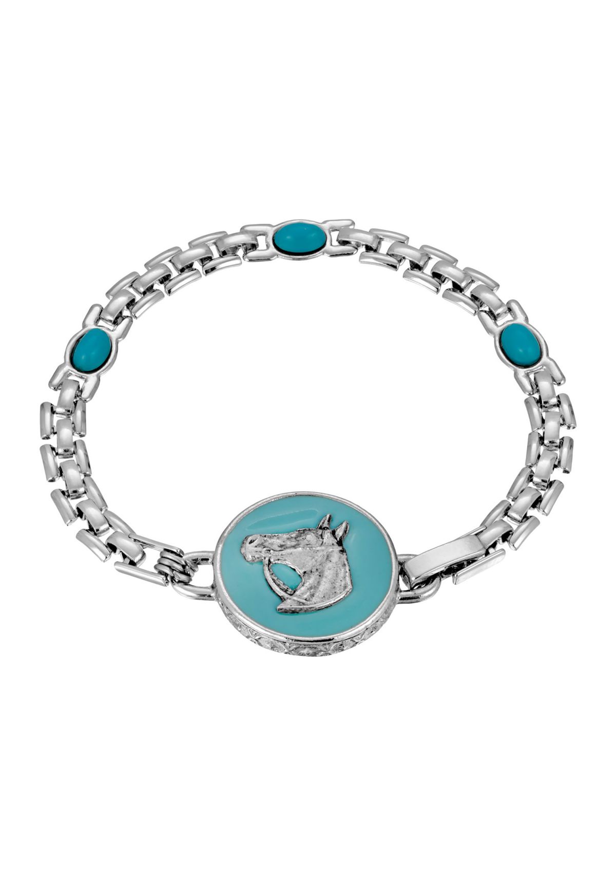 Silver Tone Turquoise  Enamel Horse Head Bracelet