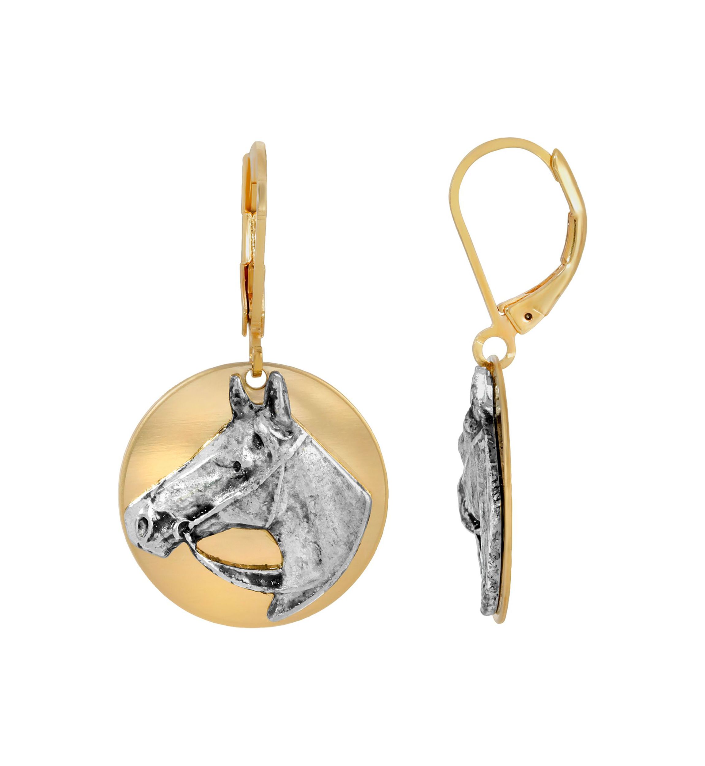 Gold Tone Silver Horse Head Earrings