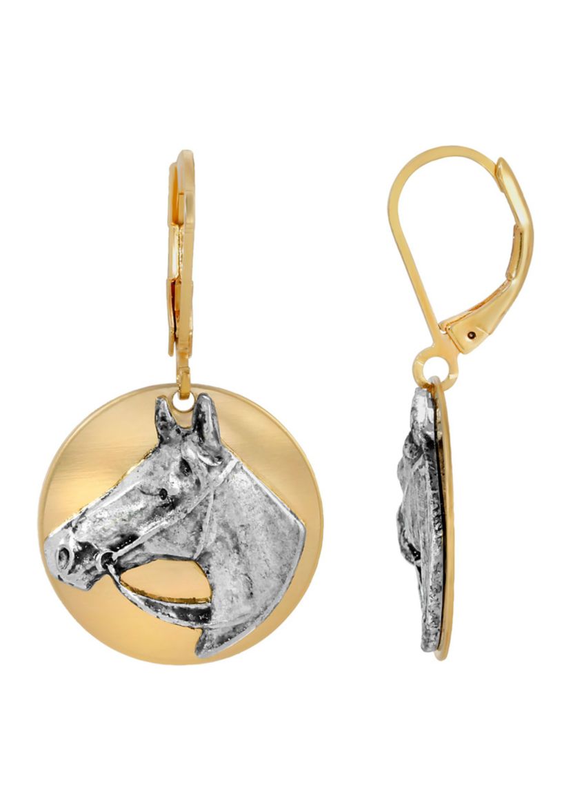 Gold Tone Silver Horse Head Earrings