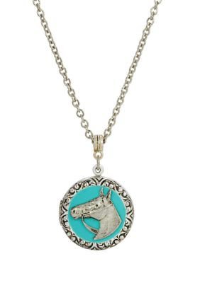 Silver Tone Turquoise Enamel Horse Necklace -24"