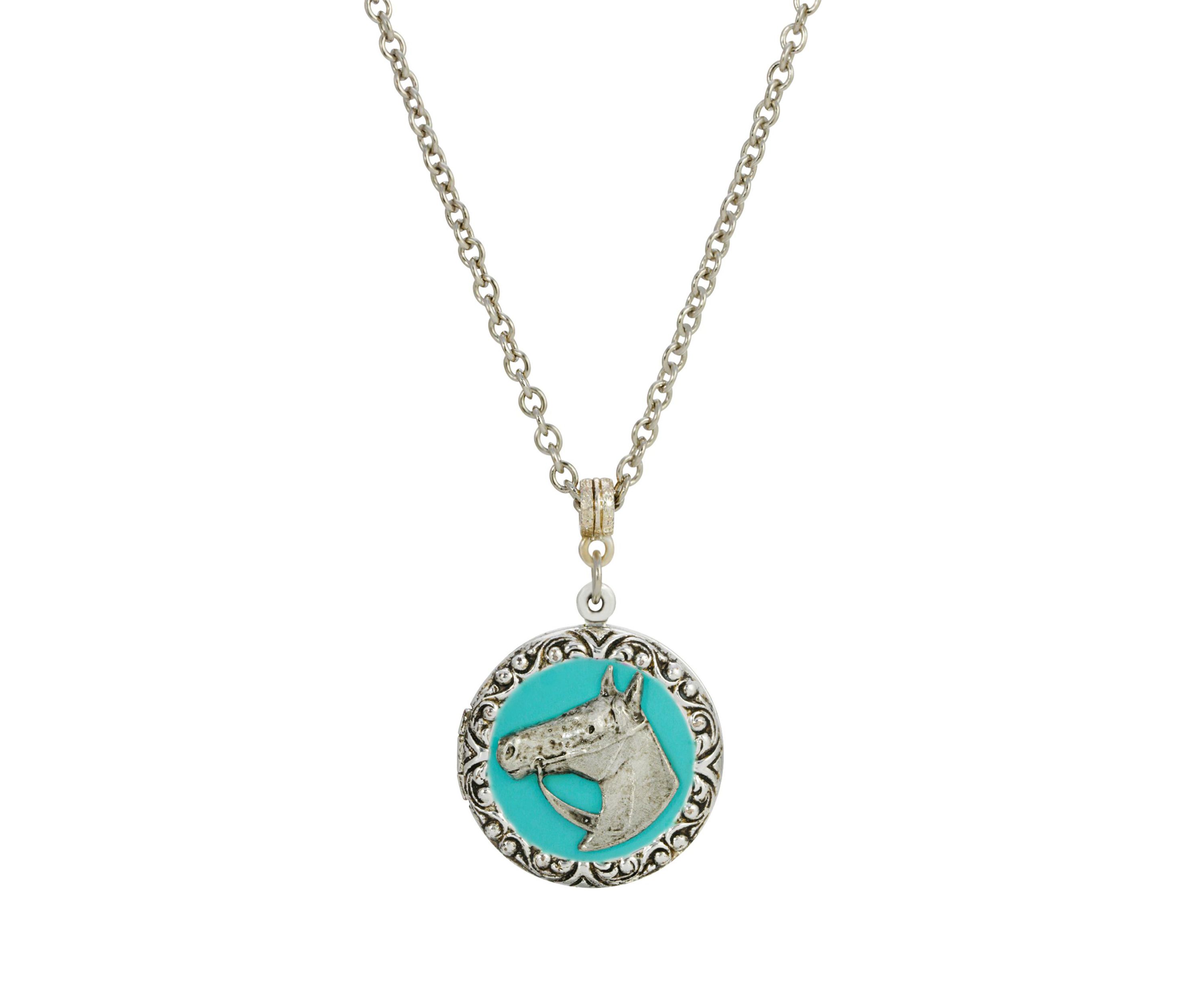 Silver Tone Turquoise Enamel Horse Necklace -24"