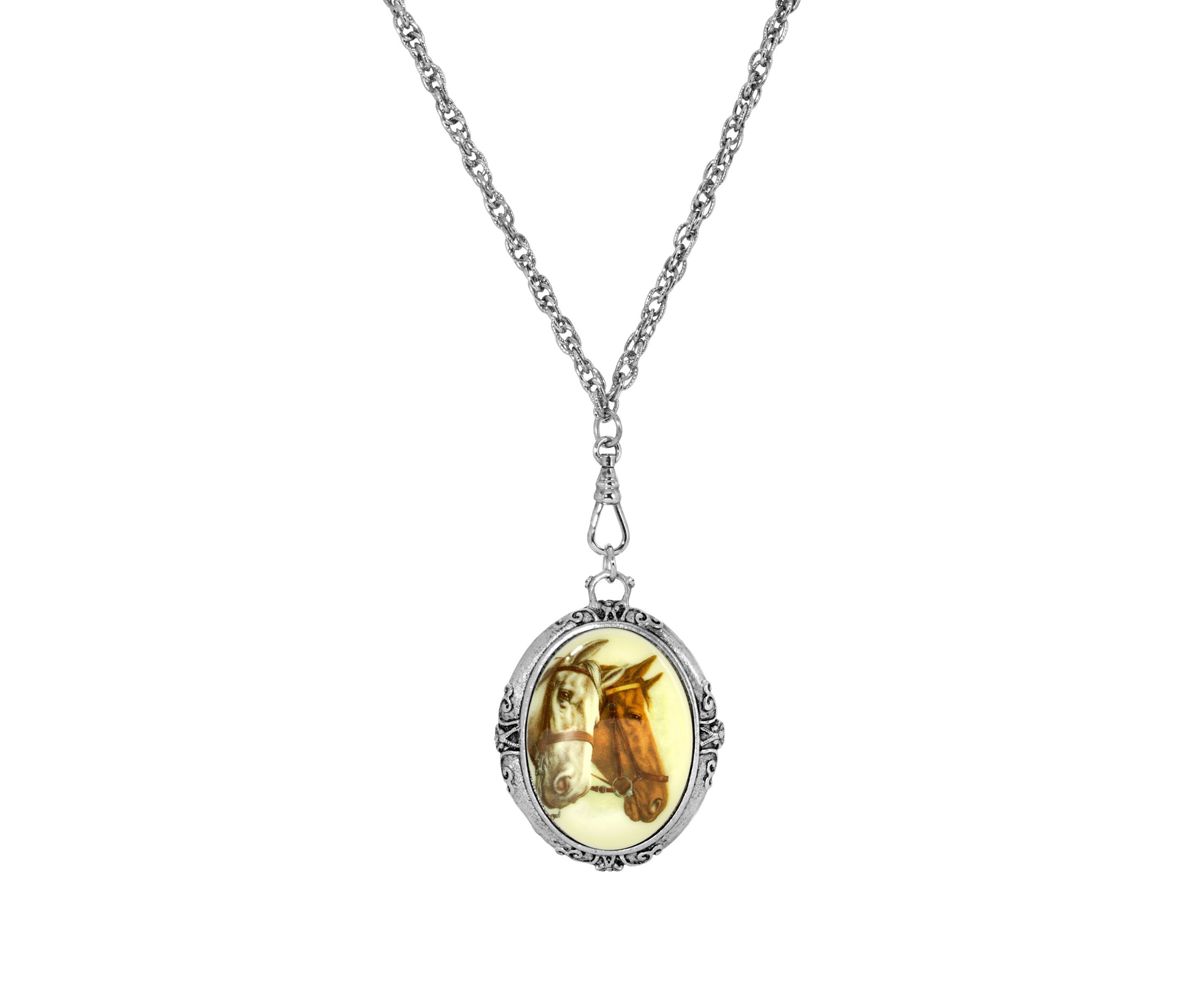 Silver Tone Oval Horse Head Stone Necklace 