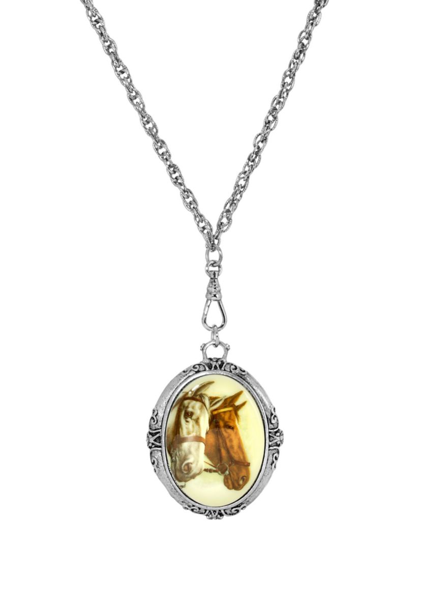Silver Tone Oval Horse Head Stone Necklace 