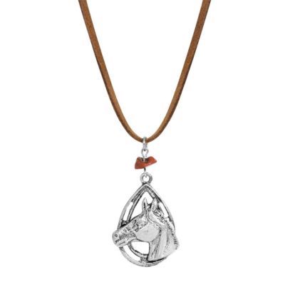 1928 Jewelry Silver Tone Brown Leather Cord Horse Head Necklace 16 Inch Adj