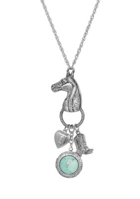 Silver Tone Turquoise Horse Head with  Heart and  Boot Charm Necklace  