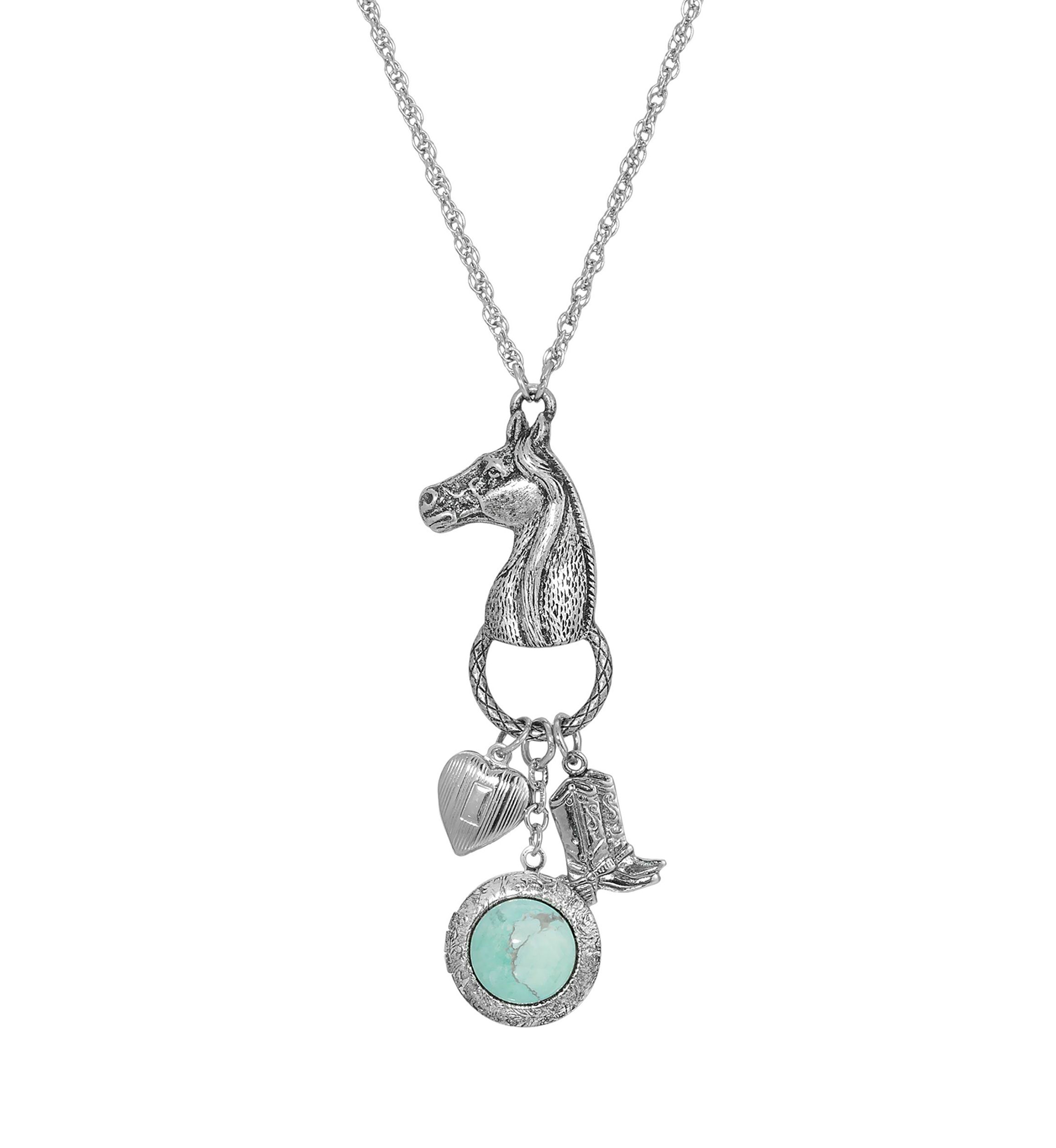 Silver Tone Turquoise Horse Head with  Heart and  Boot Charm Necklace  