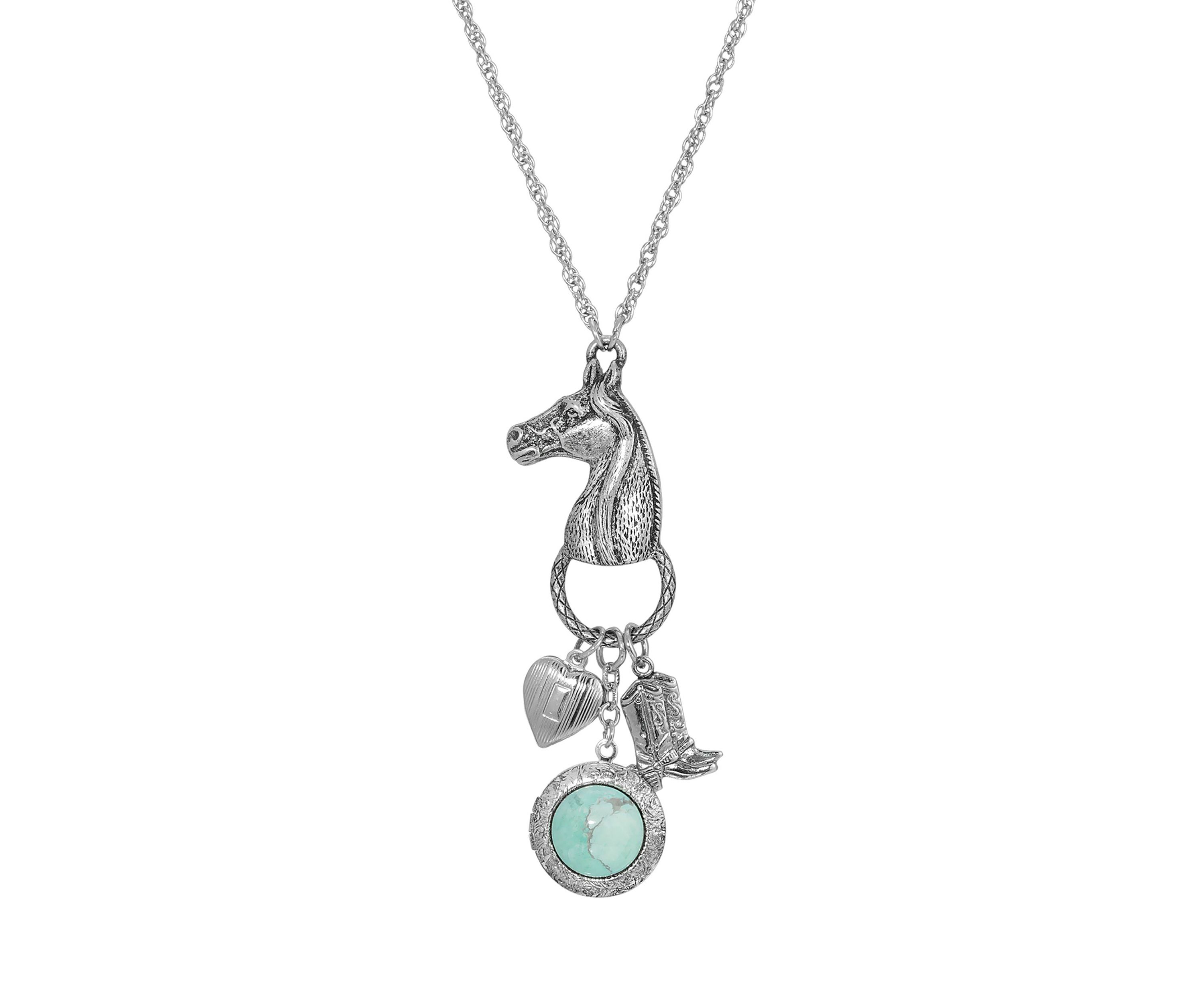 Silver Tone Turquoise Horse Head with  Heart and  Boot Charm Necklace  