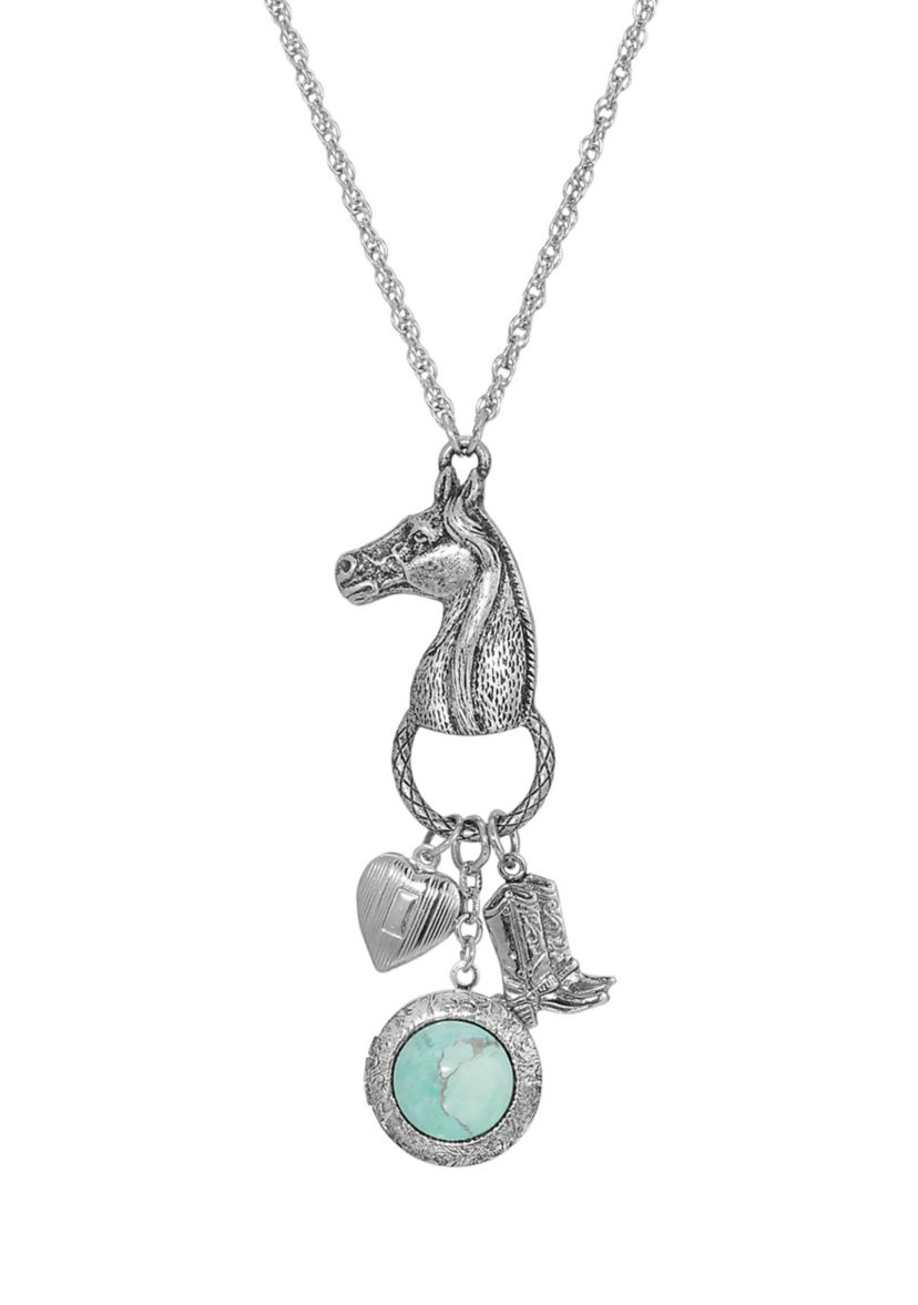 Silver Tone Turquoise Horse Head with  Heart and  Boot Charm Necklace  