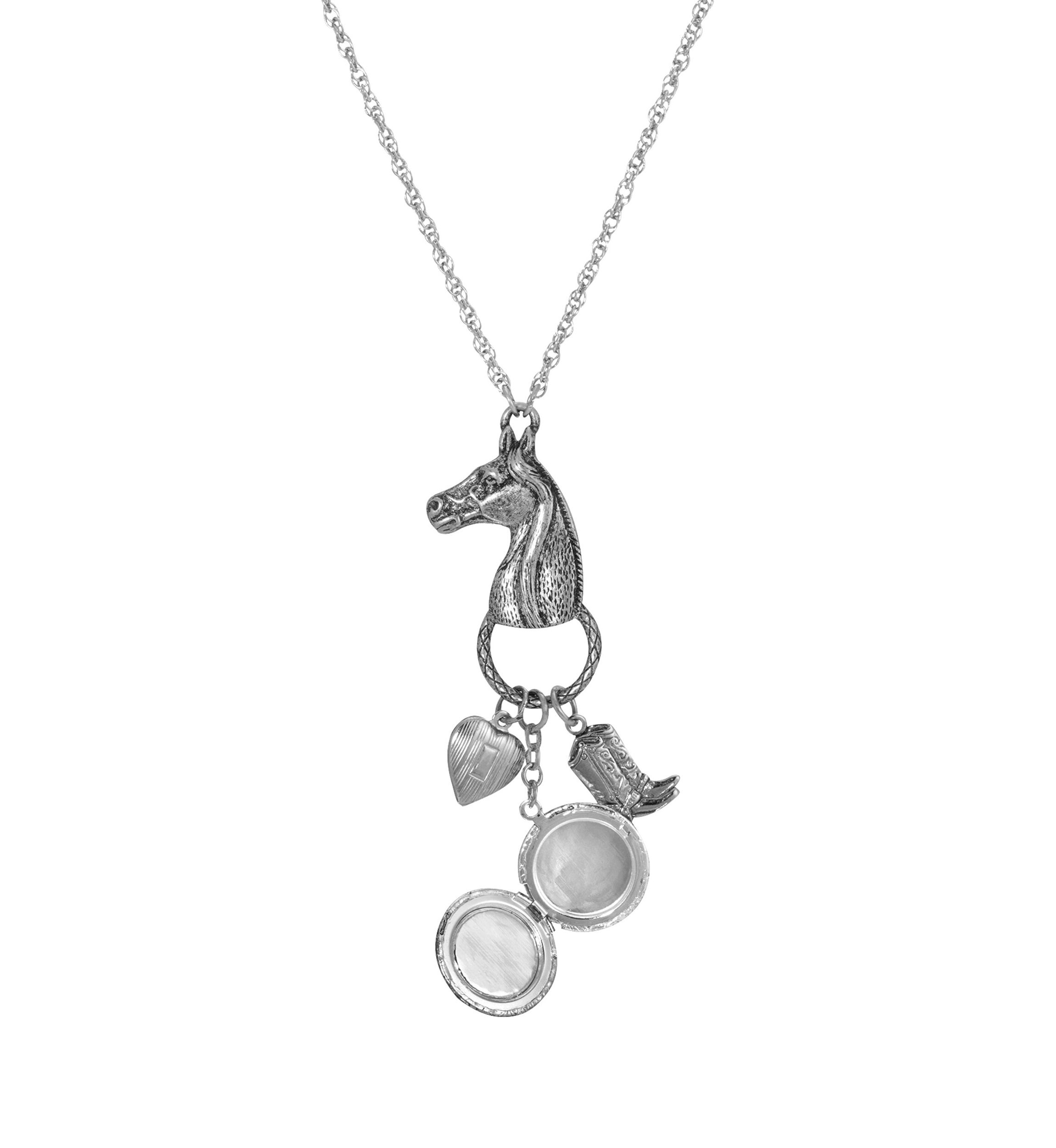Silver Tone Turquoise Horse Head with  Heart and  Boot Charm Necklace  