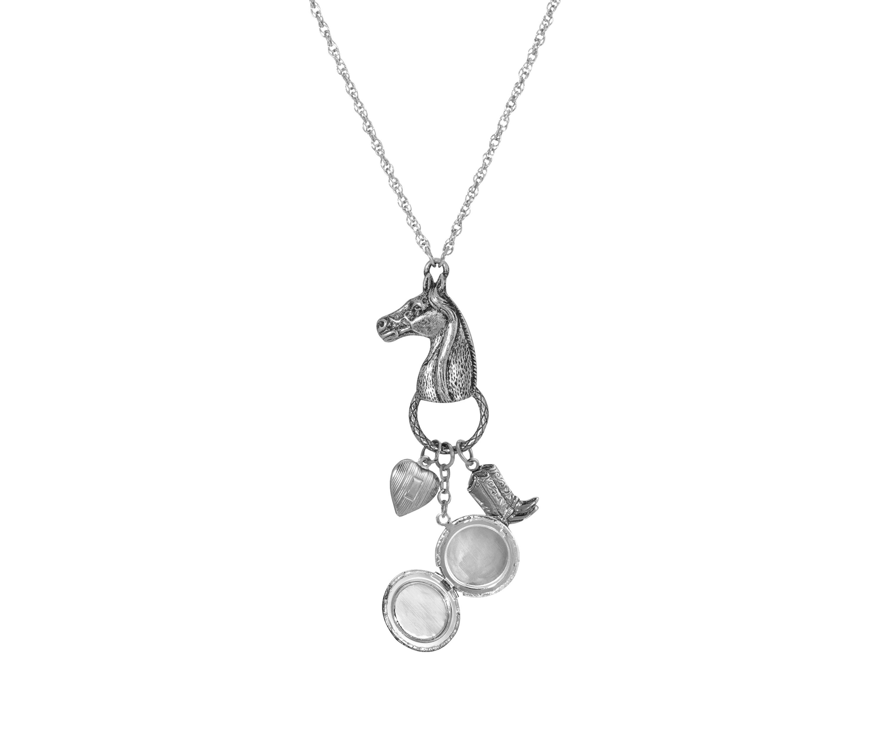 Silver Tone Turquoise Horse Head with  Heart and  Boot Charm Necklace  