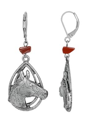 Pewter Brown Bead Horse Head Earrings