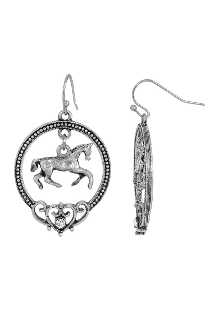 Silver Tone Horse Hoop Earrings