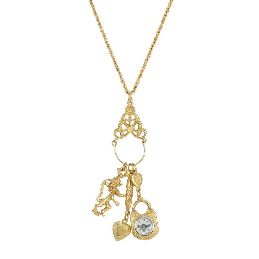 14K Gold Dipped Charm Necklace Compass Heart Lion 30 Inch