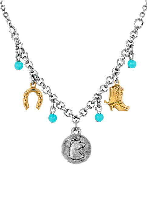 1928 Jewelry Pewter Turquoise Horse Charm Necklace