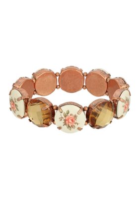 Copper Tone Topaz and Floral Round Stone Stretch Bracelet