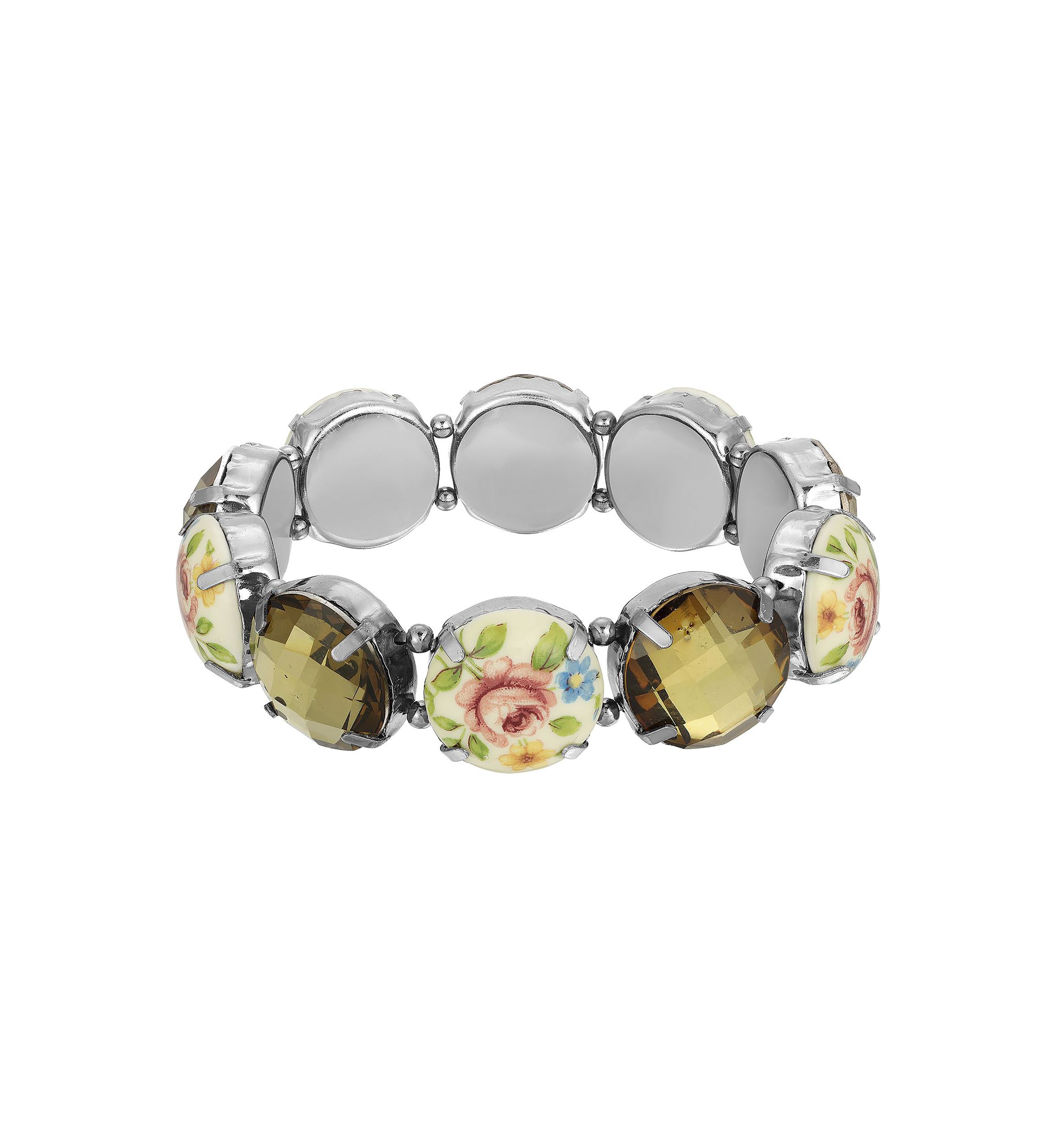 Jet Tone Light Topaz and Floral Round Stone Stretch Bracelet