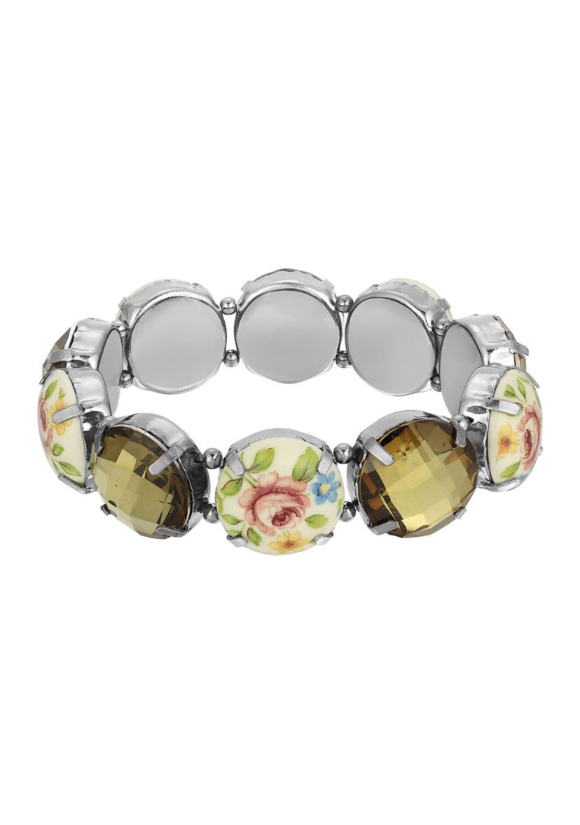 Jet Tone Light Topaz and Floral Round Stone Stretch Bracelet