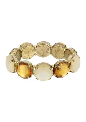 Gold Tone Light Topaz Leaf Round Stone Stretch Bracelet