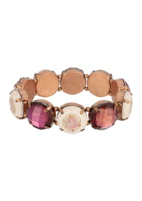 1928 Jewelry Copper Tone Amethyst and Floral Round Stone Stretch Bracelet, Purple