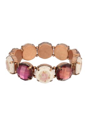 Copper Tone Amethyst and Floral Round Stone Stretch Bracelet