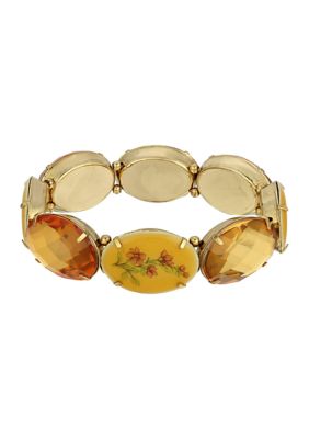 Gold Tone Topaz and Floral Oval Stone Stretch Bracelet