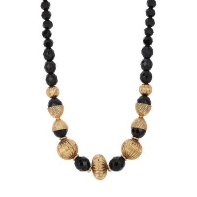 Gold Tone Black Acrylic Beads 15" +3" ADJ Necklace