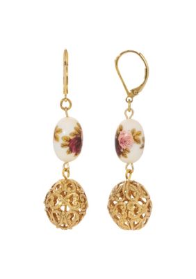 Gold Tone Filigree Oval Bead With Flower Decal Earrings