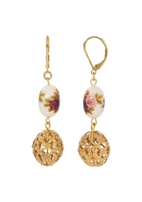 1928 Jewelry Gold Tone Filigree Oval Bead With Flower Decal Earrings, Pink