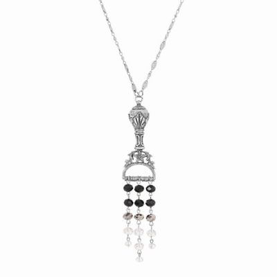 Silver Tone With Jet/Hemitite/Clear Crystal Beads 28" Necklace