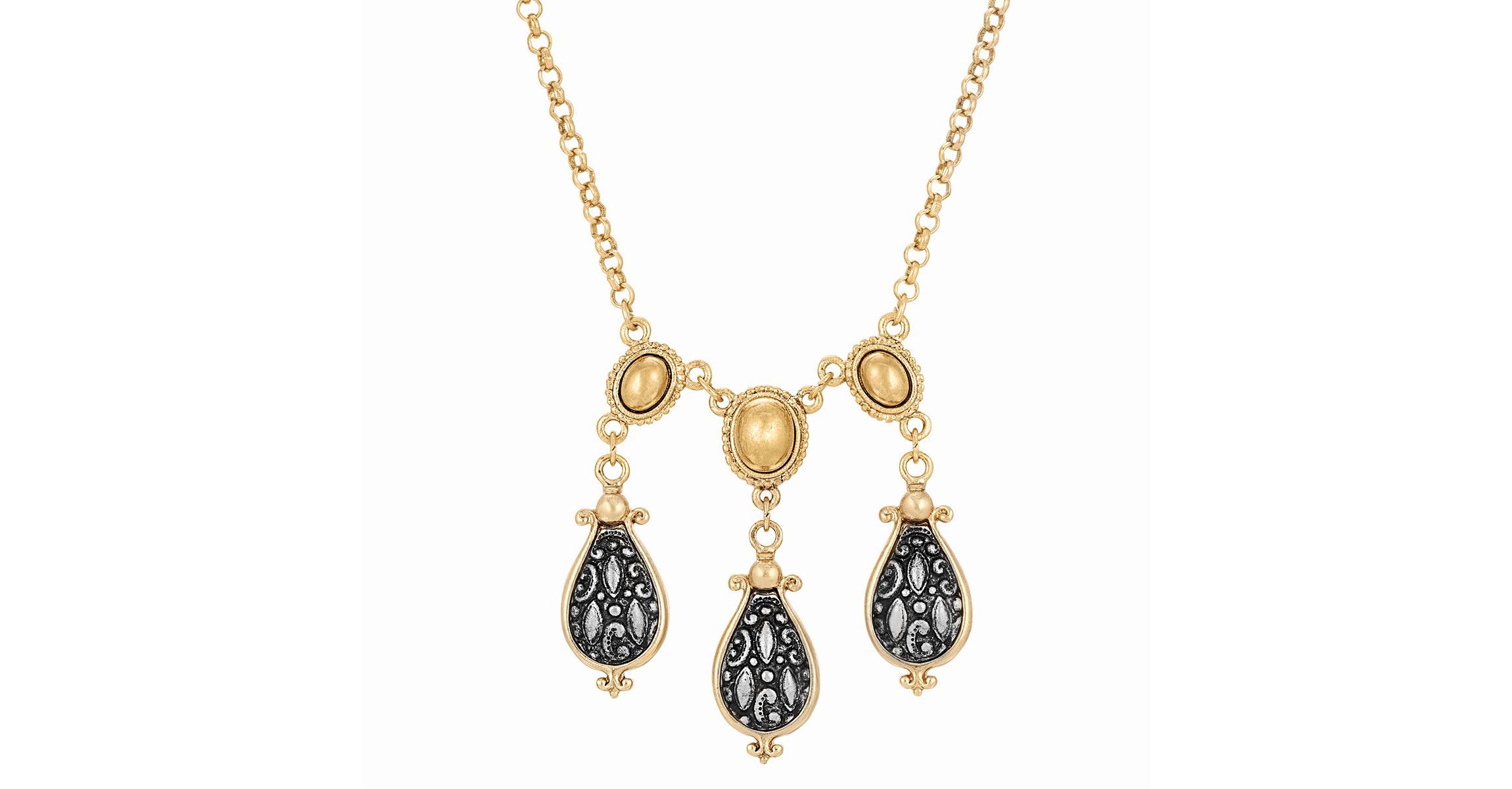 Gold Tone And Pewter Antique Teardrop 16" + 3" ADJ Necklace