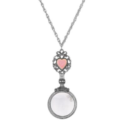 Pewter Pink Heart Magnifying Glass 28" Necklace