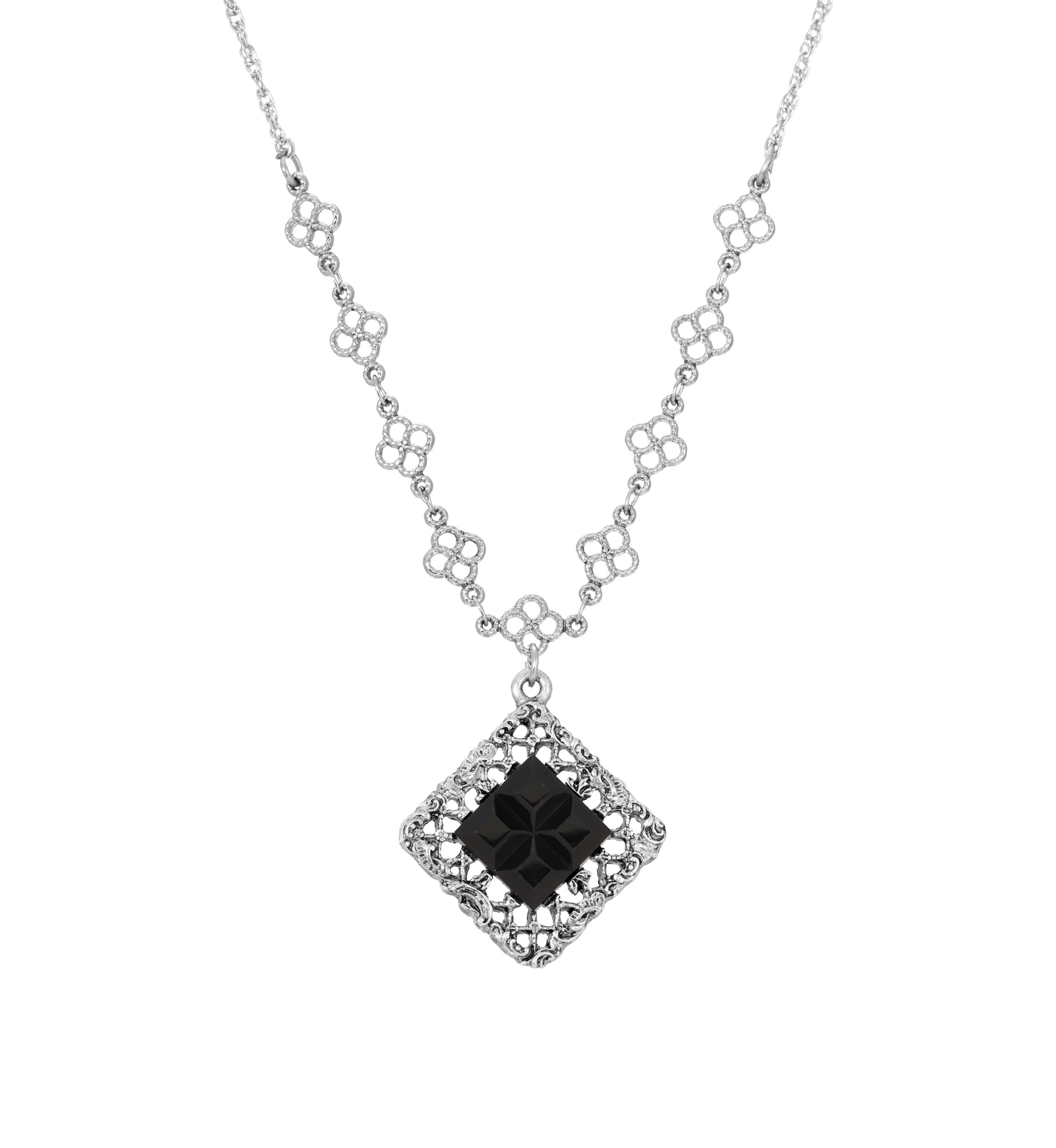 Silver-tone Square Jet Stone 18" Necklace