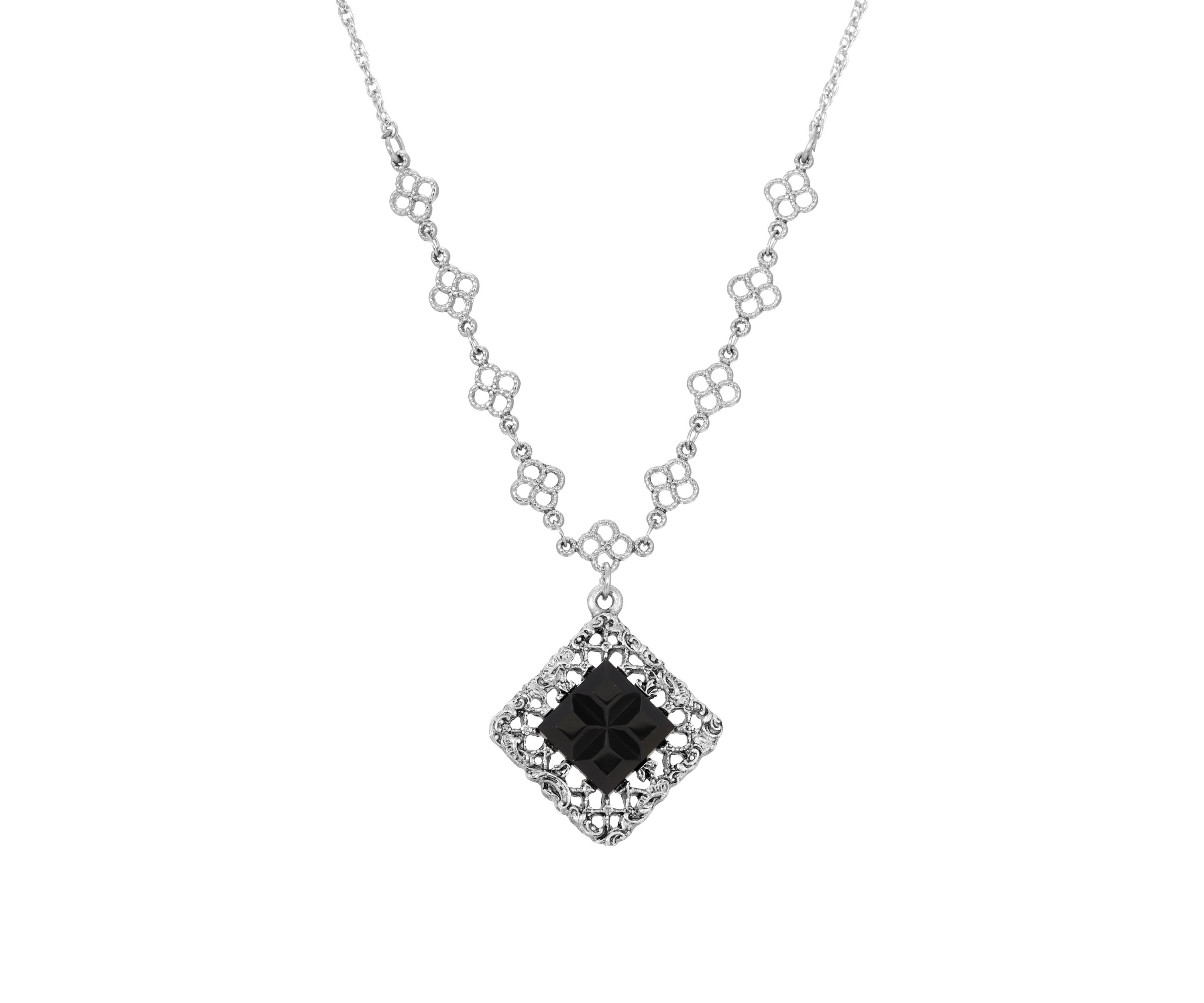 Silver-tone Square Jet Stone 18" Necklace