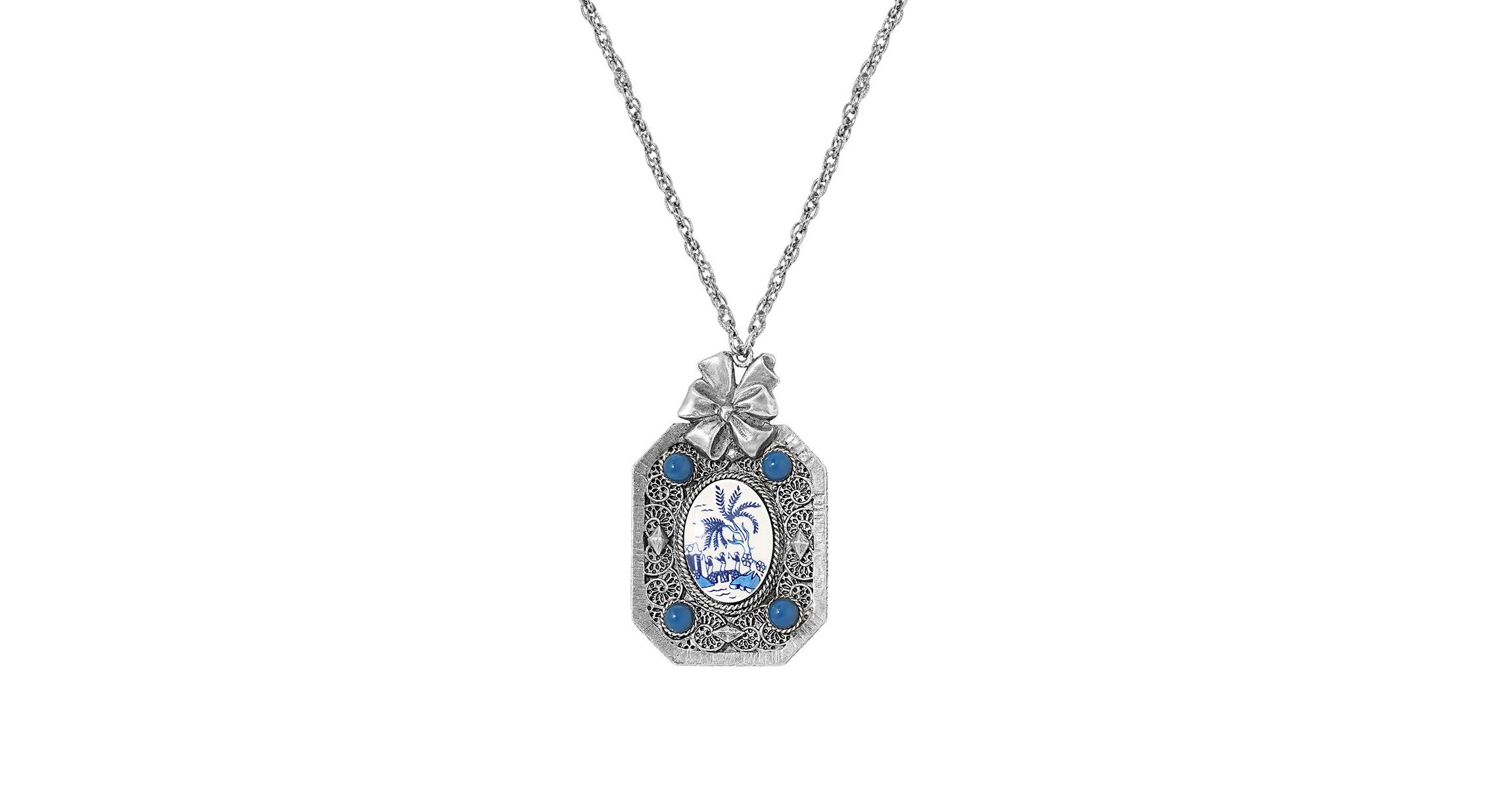 Silver Tone Oval Blue Willow Mirror Necklace 30"