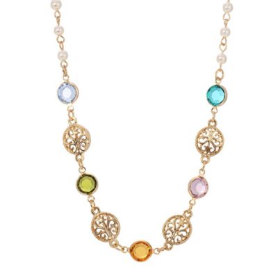 Gold Tone With Lt. Amy/Blue Zirc/Topaz/Lt. Sap/Olivene Stone Necklace 15"+3" ADJ