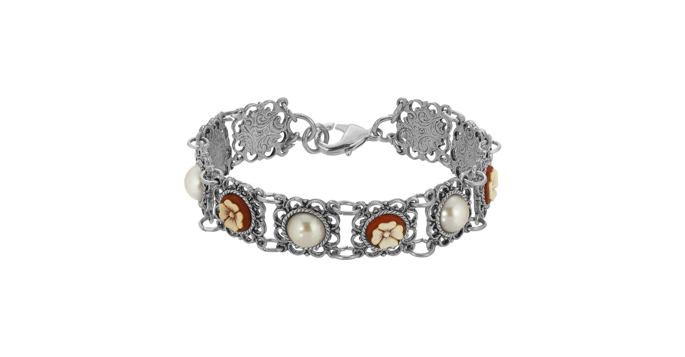 Pewter Round Cornalian Cameo And Cultura Pearl Bracelet