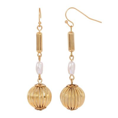Gold Tone Round Floted Bead With Rice Shapped White Pearl Earrings