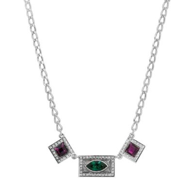 Silver Tone Green And Purple Stones 16" + 3" ADJ Necklace